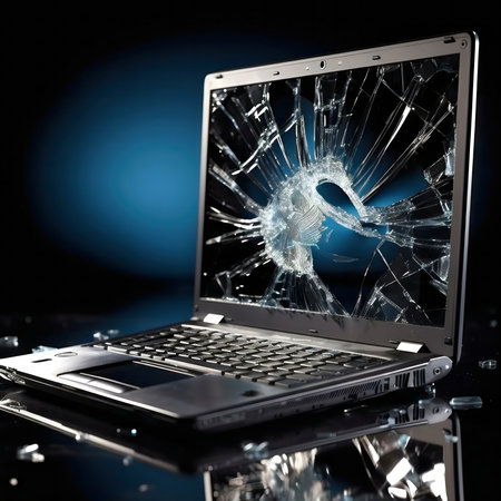 A close-up of a laptop with a severely cracked screen. The damage is extensive, highlighting the...