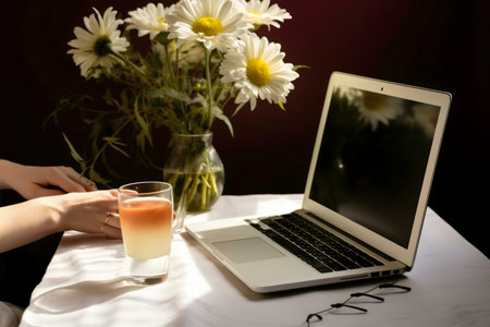 Peaceful morning scene with a laptop, refreshing drink, and a bouquet of daisies.の写真素材