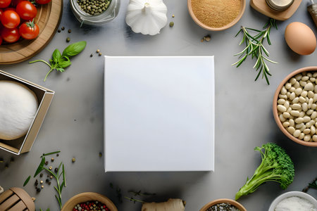 Culinary flatlay mockup showcasing fresh ingredients surrounding a blank canvas. Perfect for recipe books or food blogs.の写真素材