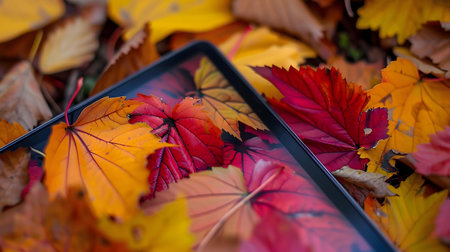 Autumn leaves rest on a tablet screen, showcasing vibrant colors and natural beauty.の写真素材