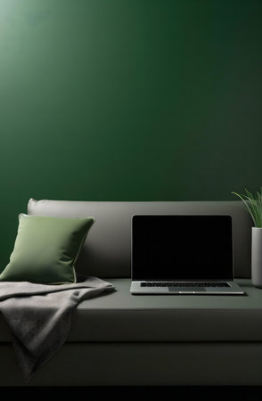 A laptop rests on a gray sofa in a serene, green-walled room. The scene evokes calm and tranquility.の写真素材