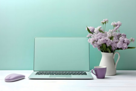 A peaceful workspace scene featuring a laptop, a bouquet of purple flowers, and a mug.の写真素材