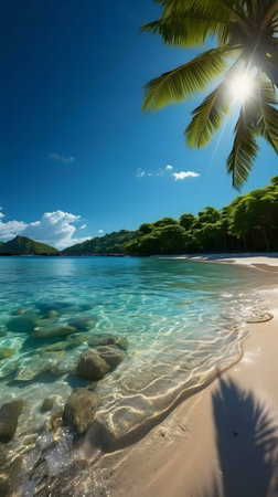 A pristine beach in a tropical paradise, featuring clear turquoise water and lush palm trees. Serenity and peace.の写真素材