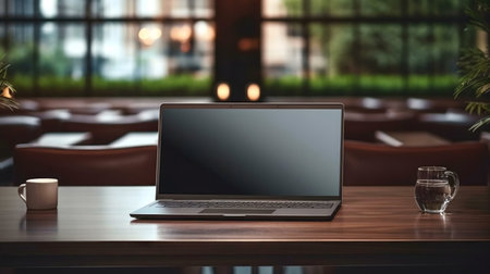 A laptop sits on a wooden table. The background is blurry.の写真素材
