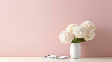 White hydrangeas in a simple white vase against a pale pink wall. A notebook and pen sit on the surface.の写真素材
