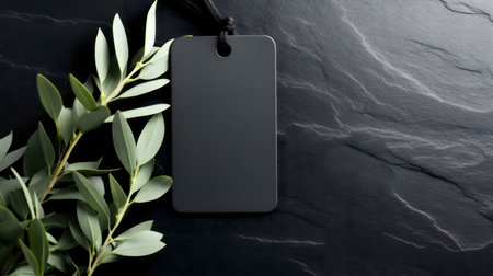 Blank dark tag with green leaves on black background.の写真素材