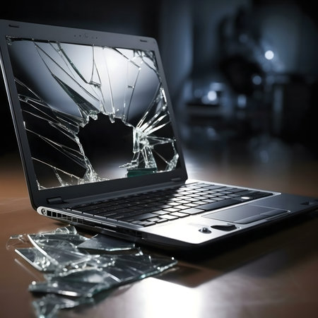 Close-up of a laptop with a severely cracked screen. The shattered glass is visible.