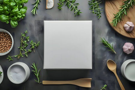 Overhead shot of fresh herbs, spices, and a blank white canvas on a dark gray background. Ideal for culinary blogs or recipe websites.の写真素材