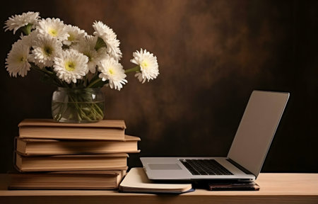 White daisies in a glass vase sit atop a stack of books next to an open laptop on a wooden table.の写真素材