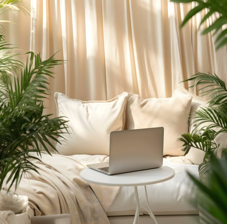Laptop on a beige sofa, surrounded by plants. A cozy and relaxing workspace.の写真素材