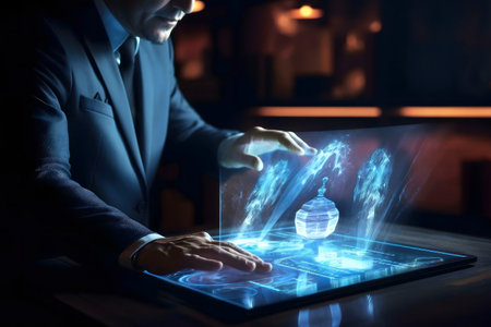 A businessman uses a holographic interface, showcasing futuristic technology and data interaction.の写真素材