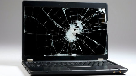 Image of a laptop with a severely cracked screen. The screen is completely shattered.