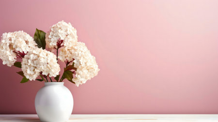 Creamy hydrangeas in a white vase, set against a soft pink backdrop. Simple elegance.の写真素材