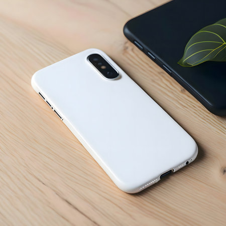 A white smartphone in a protective case rests on a light brown wooden surface.の写真素材