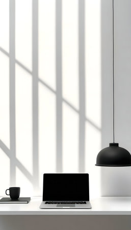 A minimalist workspace featuring a laptop, a black lamp, and a mug on a white desk. Sunlight creates shadows on the wall.の写真素材