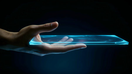 A hand holds a futuristic, transparent tablet glowing with blue light. Digital innovation concept.の写真素材