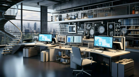 Sleek modern office with city view, featuring advanced tech & stylish design.