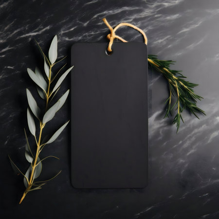 Blank black tag with sprigs of rosemary and eucalyptus on a dark marble background.の写真素材