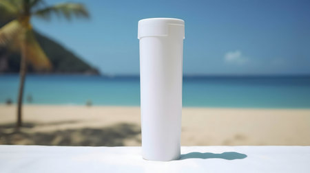 A white supplement bottle sits on a table overlooking a beautiful tropical beach.