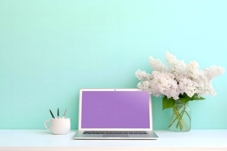A peaceful workspace featuring a laptop, white lilac flowers, and a mint green background.の写真素材