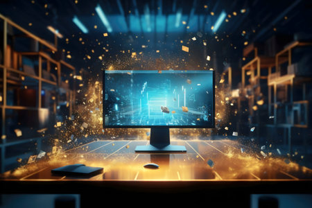 A futuristic computer desktop showcasing a digital data storm. Glowing particles surround a monitor displaying a dynamic digital landscape.の写真素材