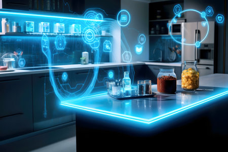 Futuristic kitchen with holographic interface, showcasing smart home technology.