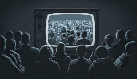 A retro TV screen displaying a large crowd, watched by another crowd. Illustrates mass media's...