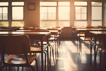 Sunlit empty classroom with desks and chairsの写真素材