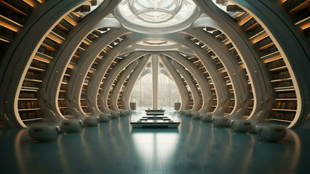 A digitally rendered image of a futuristic library, showcasing a stunning architectural design.の写真素材