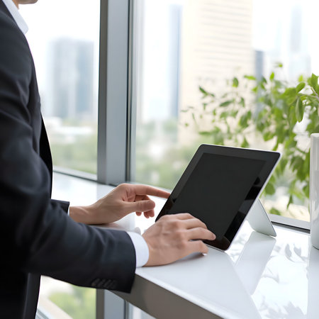 A businessman uses a tablet computer near a window overlooking the city. The image depicts a modern...