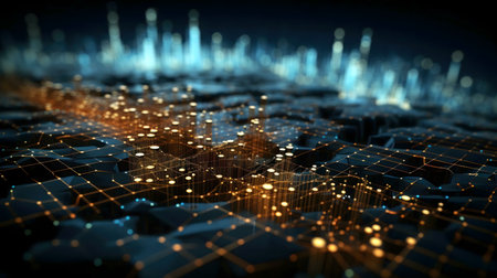 Abstract digital landscape, visualizing data networks. Glowing nodes and lines create a complex...