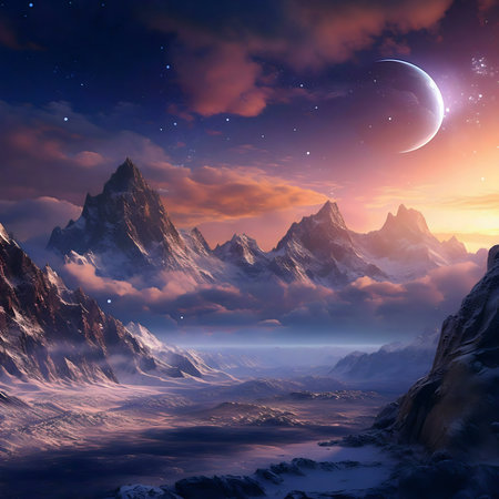 A breathtaking digital fantasy landscape showcasing a majestic mountain range under a crescent moon at night. Serene and dreams.の写真素材