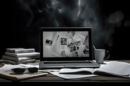 A laptop displaying scattered newspaper images sits amidst a collection of books and papers on a wooden desk. The dim lighting creates a focused atmosphere.の写真素材