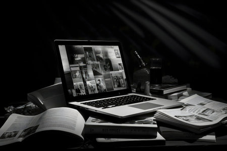 A black and white image of a laptop surrounded by books on a desk. Dramatic lighting enhances the mood.の写真素材