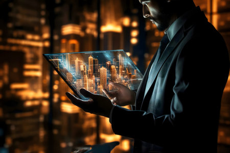 A businessman examines a holographic city model. Futuristic tech.の写真素材