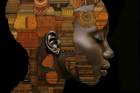 A serene portrait of an African woman, her face artfully created with intricately collage of patterns and textures.の写真素材