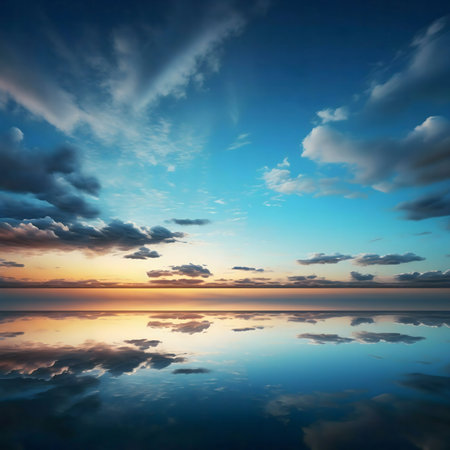 Peaceful sunset over a calm lake, mirroring the sky's vibrant colors.の写真素材