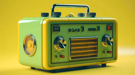 A charming vintage green and yellow portable radio, exuding retro style and nostalgic appeal.の写真素材
