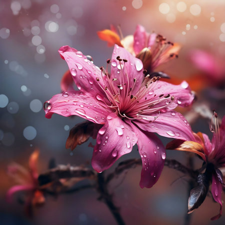 Pink flower with dewdrops, springtime bloom. Beautiful, serene nature photographyの写真素材