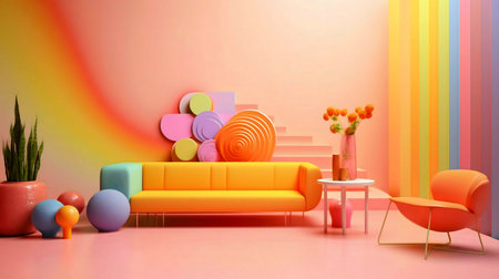 A bright, modern living room with a yellow sofa, orange chair, and rainbow wall.の写真素材