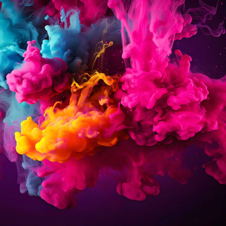A captivating display of vibrant colors in motion. Pink, blue, and yellow dyes mingle, creating a...