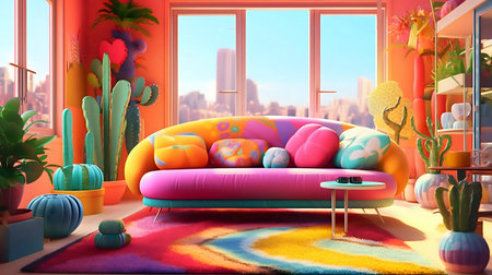 A colorful living room with a pink sofa, many cacti, and a city view.の写真素材