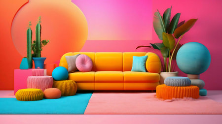 A stylish modern living room with a yellow sofa, colorful accents, and lush tropical plants. The design is bright and cheerful.の写真素材