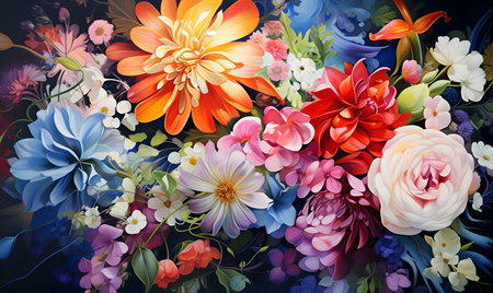 A vibrant painting of a lush flower bouquet. Rich colors and textures create a stunning visual experience.の写真素材