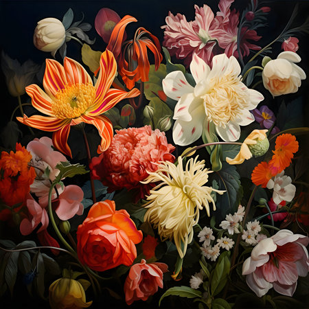 A breathtaking oil painting showcasing a vibrant arrangement of flowers in rich colors against a dark background.の写真素材
