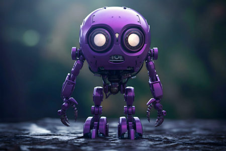 A small purple robot stands in a mysterious forest. Its metallic body shines under the dim light.の写真素材