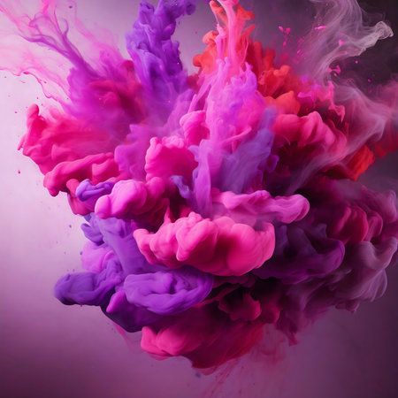 Vibrant pink and purple ink swirls create an explosion of color. Abstract art.