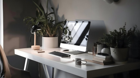 A minimalist home office setup with a computer, plants, and stylish accessories. Clean and organized...