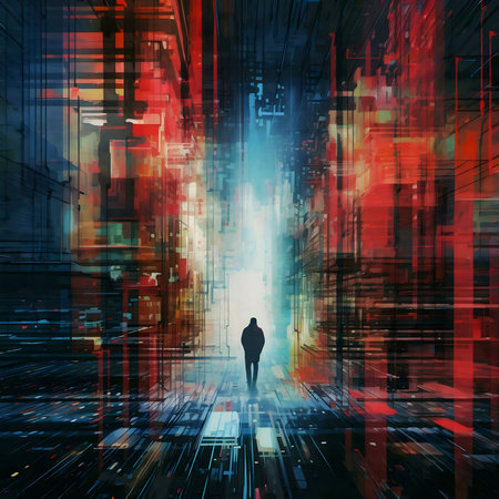 A lone figure walks through a vibrant, abstract digital city. The scene is surreal and futuristic.の写真素材