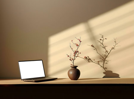 A minimalist workspace featuring a laptop, a vase of blooming branches, bathed in sunlight.の写真素材